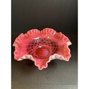 Fenton Cranberry Opalescent Lattice Ruffled Bowl 10.25” Diamond Quilt Glass